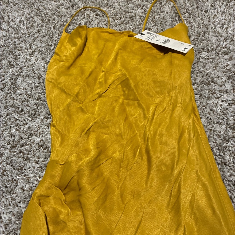 Zara Mustard Yellow Satin Maxi Slip Dress with Spaghetti Straps - Picture 3 of 4